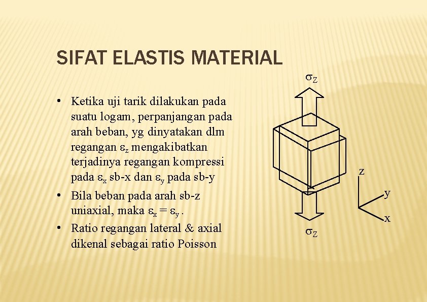 SIFAT ELASTIS MATERIAL • Ketika uji tarik dilakukan pada suatu logam, perpanjangan pada arah