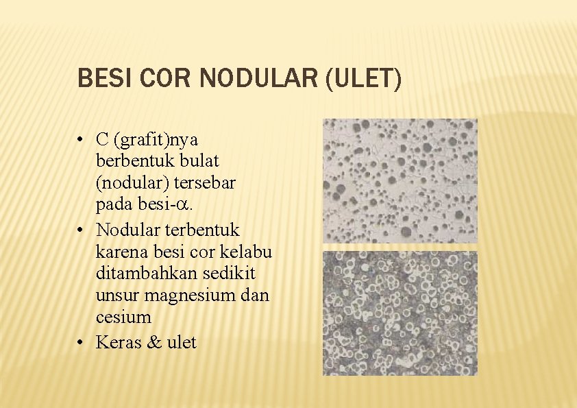 BESI COR NODULAR (ULET) • C (grafit)nya berbentuk bulat (nodular) tersebar pada besi-. •