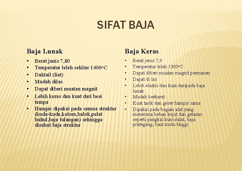 SIFAT BAJA Baja Lunak Baja Keras • • • Berat jenis 7, 80 Temperatur