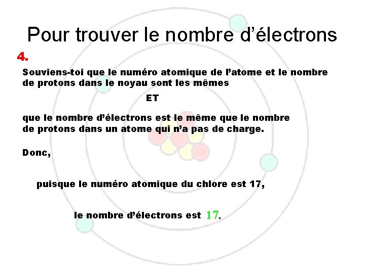 Pour trouver le nombre d’électrons 4. Souviens-toi que le numéro atomique de l’atome et