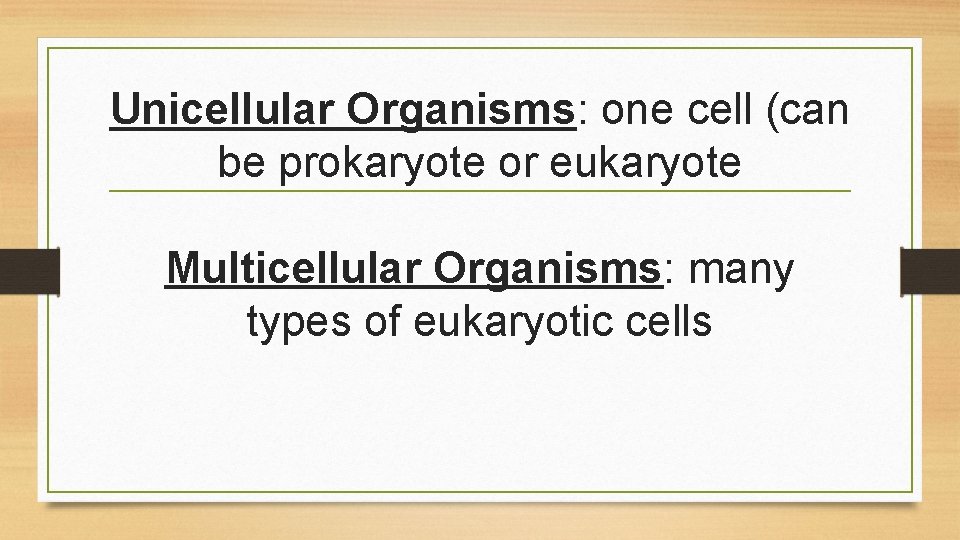 Unicellular Organisms: one cell (can be prokaryote or eukaryote Multicellular Organisms: many types of