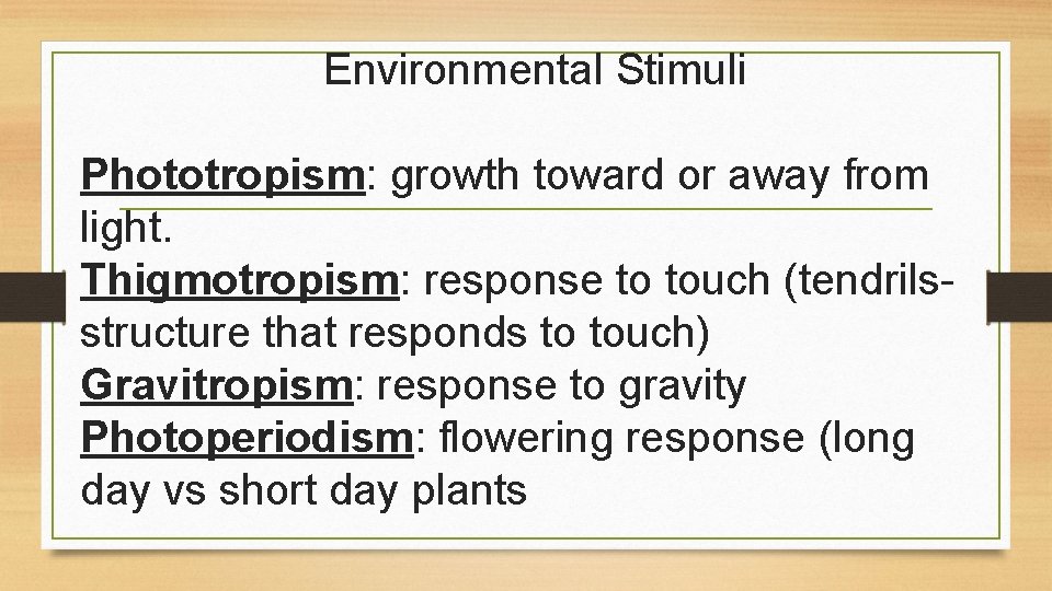 Environmental Stimuli Phototropism: growth toward or away from light. Thigmotropism: response to touch (tendrilsstructure
