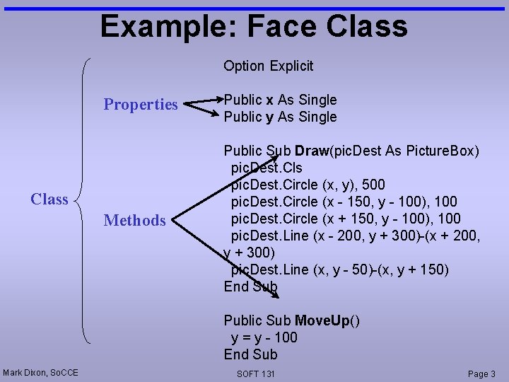 Example: Face Class Option Explicit Properties Public x As Single Public y As Single