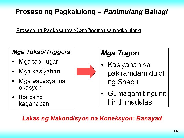 Proseso ng Pagkalulong – Panimulang Bahagi Proseso ng Pagkasanay (Conditioning) sa pagkalulong Mga Tukso/Triggers Proseso ng Pagkalulong – Panimulang Bahagi Proseso ng Pagkasanay (Conditioning) sa pagkalulong Mga Tukso/Triggers
