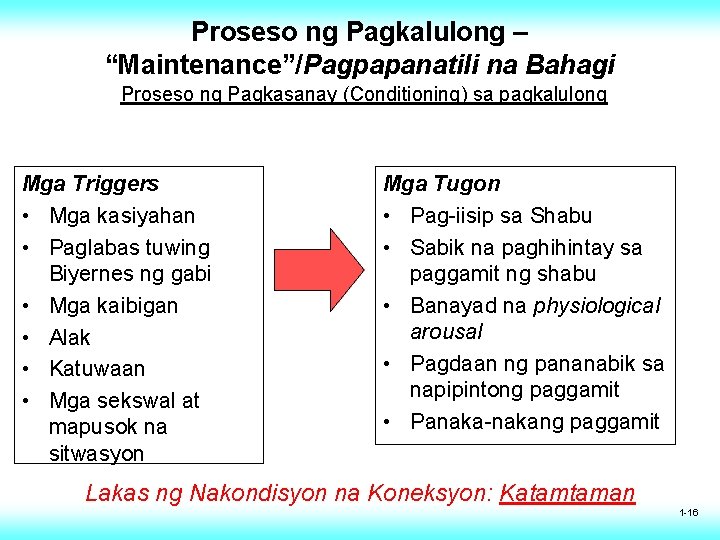 Proseso ng Pagkalulong – “Maintenance”/Pagpapanatili na Bahagi Proseso ng Pagkasanay (Conditioning) sa pagkalulong Mga Proseso ng Pagkalulong – “Maintenance”/Pagpapanatili na Bahagi Proseso ng Pagkasanay (Conditioning) sa pagkalulong Mga