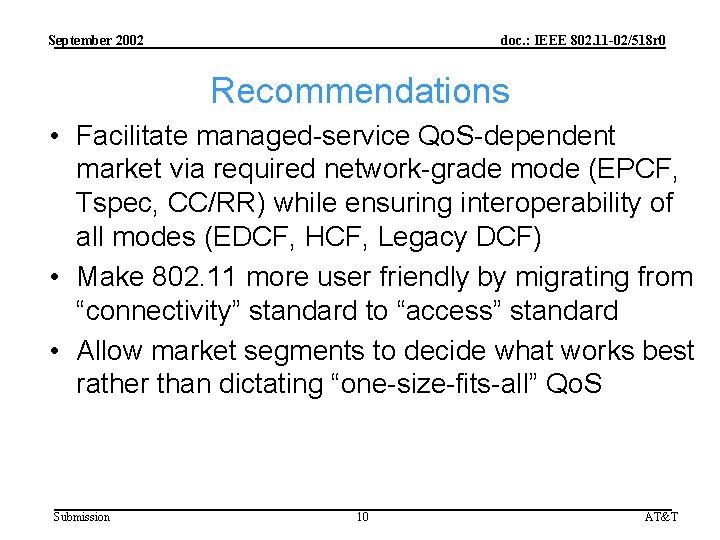 September 2002 doc. : IEEE 802. 11 -02/518 r 0 Recommendations • Facilitate managed-service