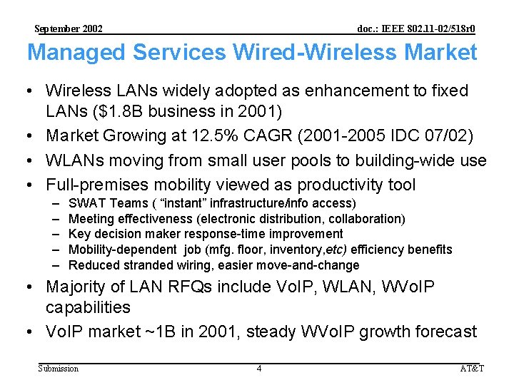 September 2002 doc. : IEEE 802. 11 -02/518 r 0 Managed Services Wired-Wireless Market