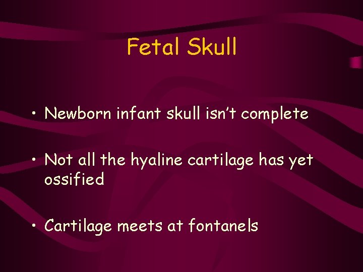Fetal Skull • Newborn infant skull isn’t complete • Not all the hyaline cartilage