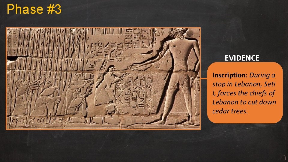 Phase #3 EVIDENCE Inscription: During a stop in Lebanon, Seti I, forces the chiefs