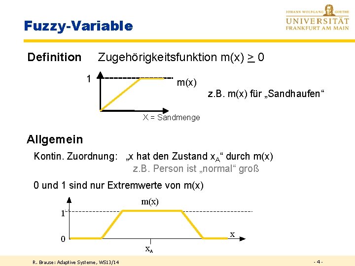 Fuzzy-Variable Definition Zugehörigkeitsfunktion m(x) > 0 1 m(x) z. B. m(x) für „Sandhaufen“ X