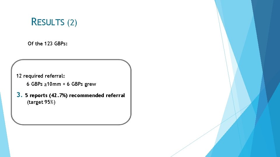 RESULTS (2) Of the 123 GBPs: 12 required referral: 6 GBPs ≥ 10 mm