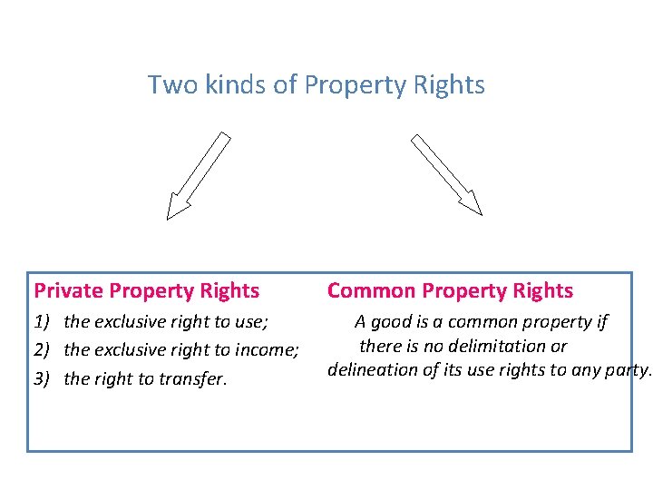 Two kinds of Property Rights Private Property Rights Common Property Rights 1) the exclusive