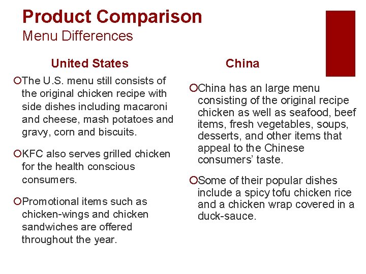 Product Comparison Menu Differences United States ¡The U. S. menu still consists of the