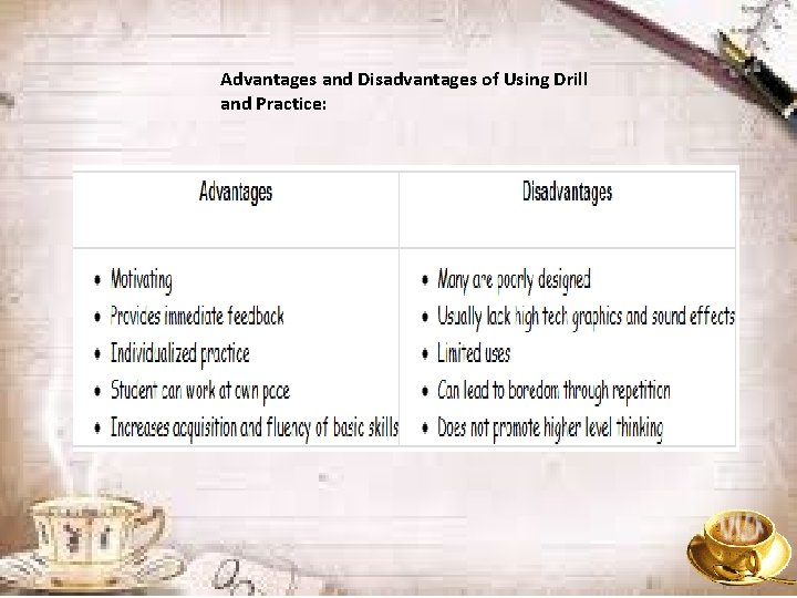 Advantages and Disadvantages of Using Drill and Practice: 