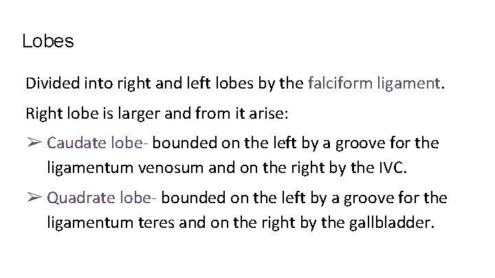 Lobes Divided into right and left lobes by the falciform ligament. Right lobe is