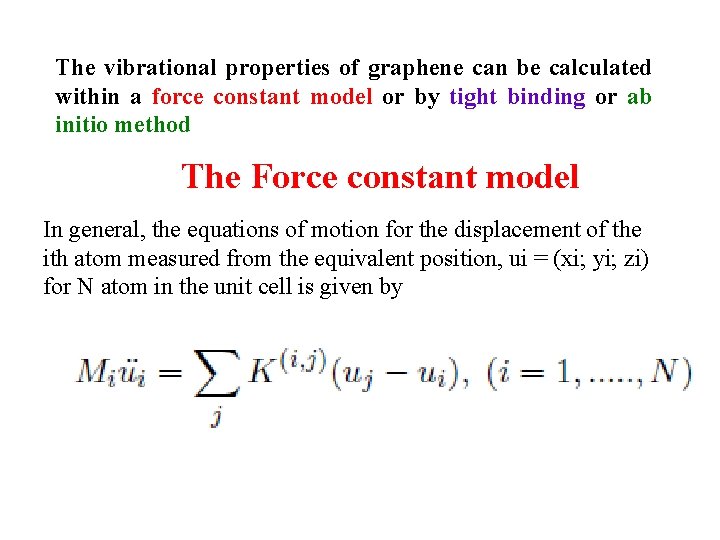 The vibrational properties of graphene can be calculated within a force constant model or