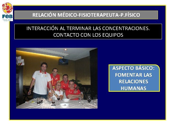 RELACIÓN MÉDICO-FISIOTERAPEUTA-P. FÍSICO INTERACCIÓN AL TERMINAR LAS CONCENTRACIONES. CONTACTO CON LOS EQUIPOS ASPECTO BÁSICO: