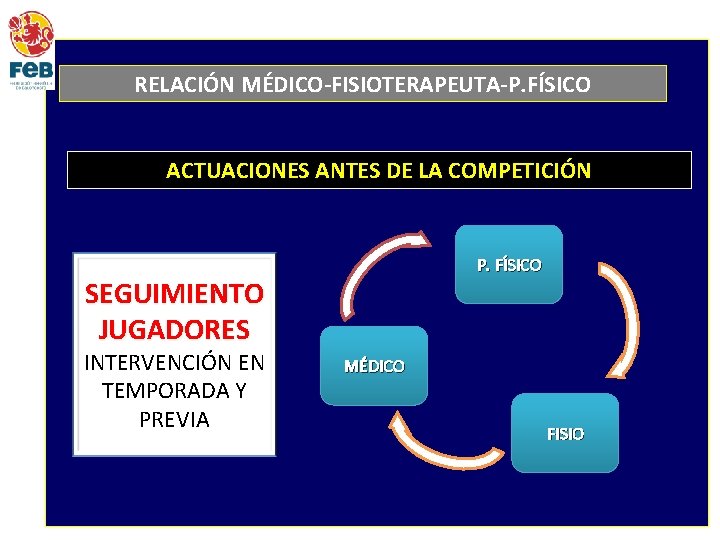 RELACIÓN MÉDICO-FISIOTERAPEUTA-P. FÍSICO ACTUACIONES ANTES DE LA COMPETICIÓN P. FÍSICO SEGUIMIENTO JUGADORES INTERVENCIÓN EN