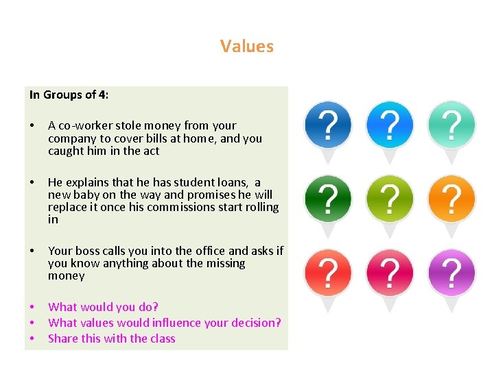 Values In Groups of 4: • A co-worker stole money from your company to