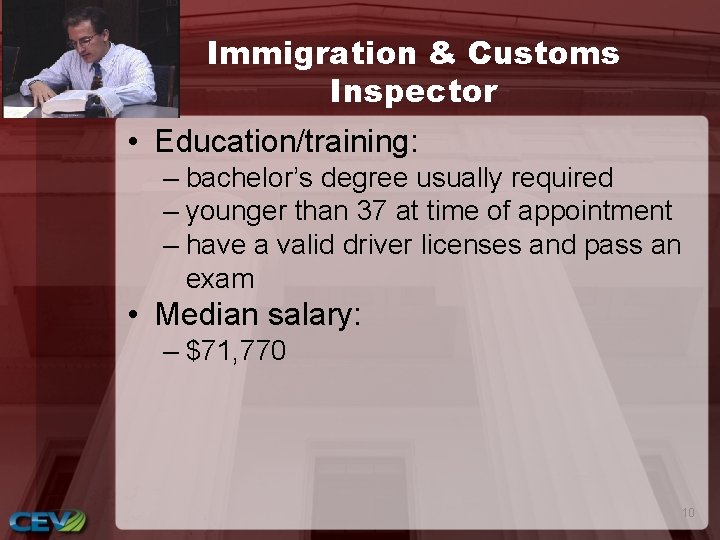 Immigration & Customs Inspector • Education/training: – bachelor’s degree usually required – younger than