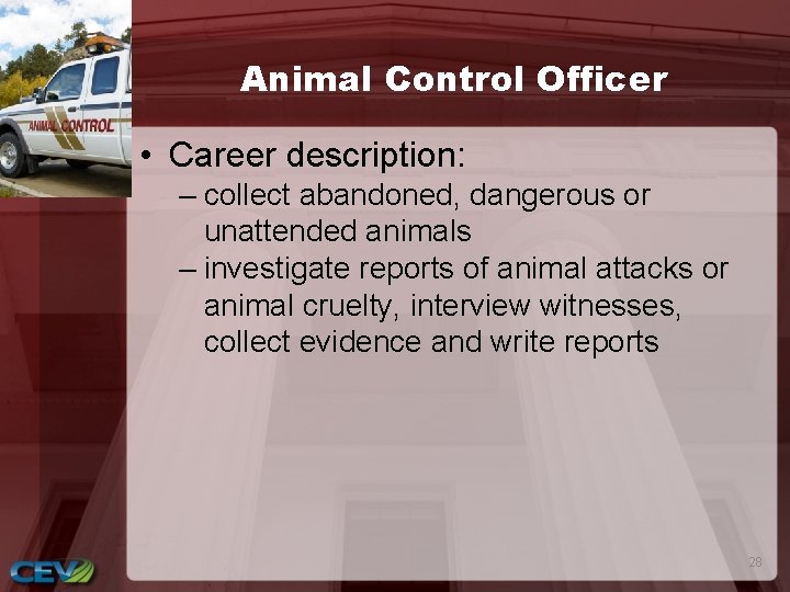 Animal Control Officer • Career description: – collect abandoned, dangerous or unattended animals –