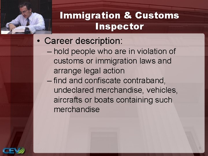 Immigration & Customs Inspector • Career description: – hold people who are in violation