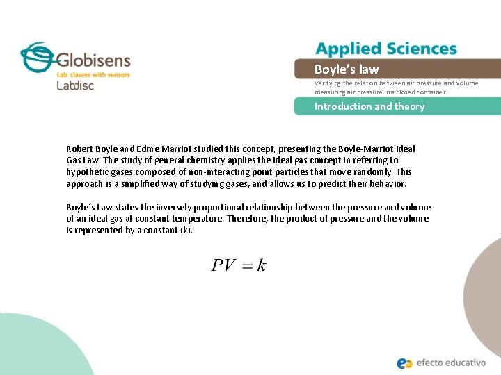 Boyle’s law Verifying the relation between air pressure and volume measuring air pressure in