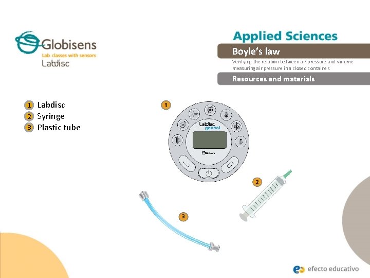 Boyle’s law Verifying the relation between air pressure and volume measuring air pressure in