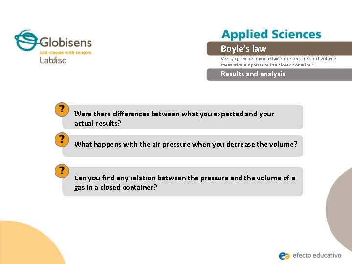 Boyle’s law Verifying the relation between air pressure and volume measuring air pressure in