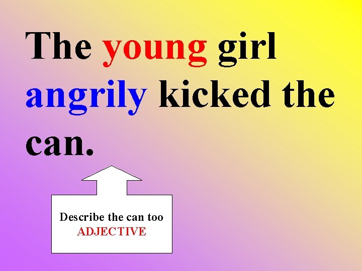 The young girl angrily kicked the can. Describe the can too ADJECTIVE 