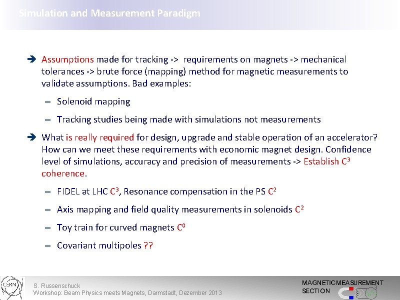 Simulation and Measurement Paradigm è Assumptions made for tracking -> requirements on magnets ->