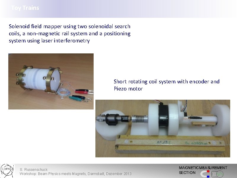 Toy Trains Solenoid field mapper using two solenoidal search coils, a non-magnetic rail system