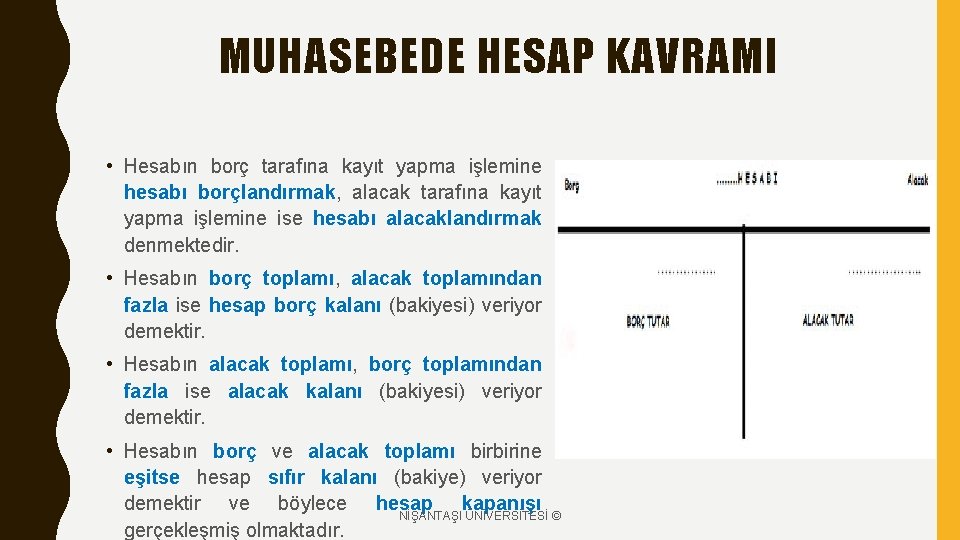 MUHASEBEDE HESAP KAVRAMI • Hesabın borç tarafına kayıt yapma işlemine hesabı borçlandırmak, alacak tarafına