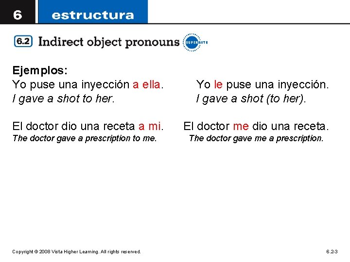 Ejemplos: Yo puse una inyección a ella. I gave a shot to her. Yo