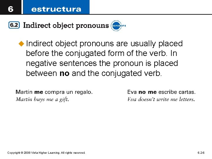 u Indirect object pronouns are usually placed before the conjugated form of the verb.