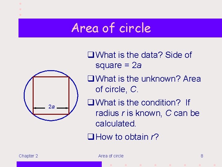 Area of circle q What is the data? Side of square = 2 a