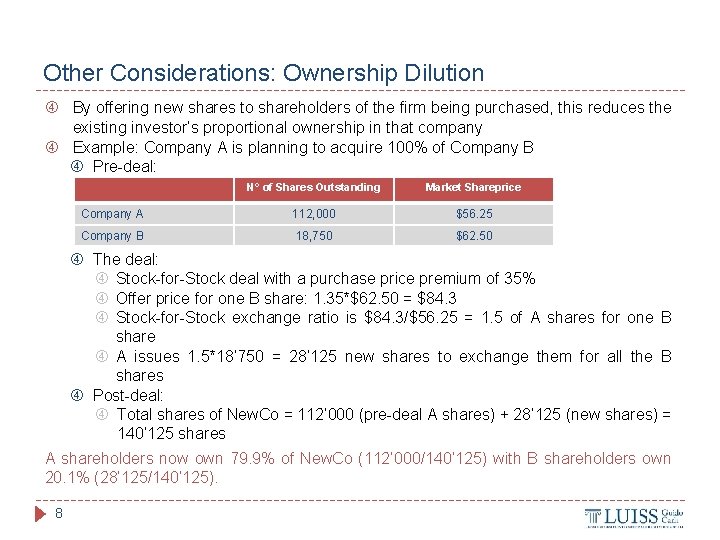 Other Considerations: Ownership Dilution By offering new shares to shareholders of the firm being