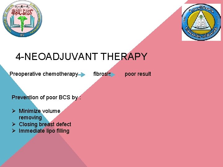 4 -NEOADJUVANT THERAPY Preoperative chemotherapy Prevention of poor BCS by : Ø Minimize volume