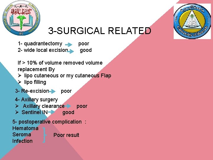 3 -SURGICAL RELATED 1 - quadrantectomy 2 - wide local excision poor good If