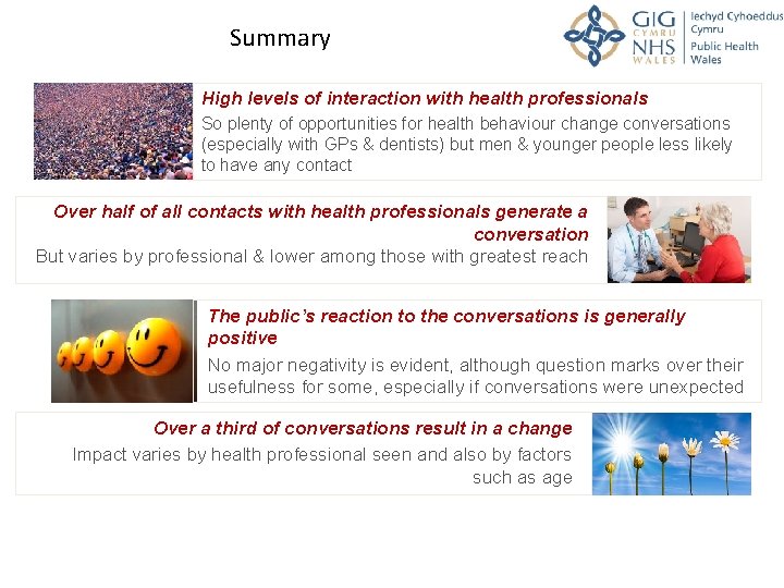 Summary High levels of interaction with health professionals So plenty of opportunities for health