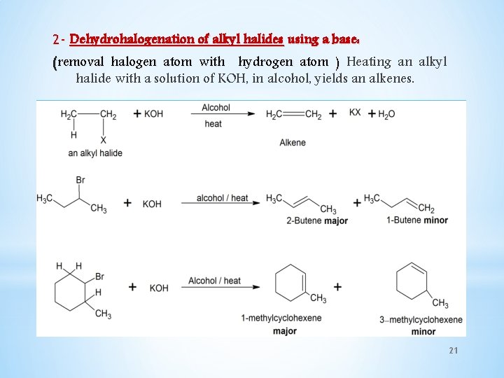 2 - Dehydrohalogenation of alkyl halides using a base: (removal halogen atom with hydrogen