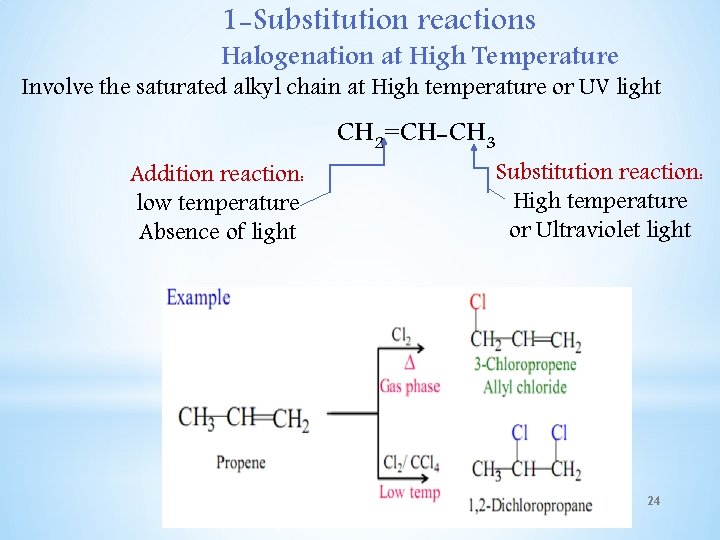 1 -Substitution reactions Halogenation at High Temperature Involve the saturated alkyl chain at High