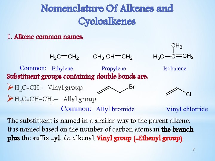 Nomenclature Of Alkenes and Cycloalkenes 1. Alkene common names: Substituent groups containing double bonds