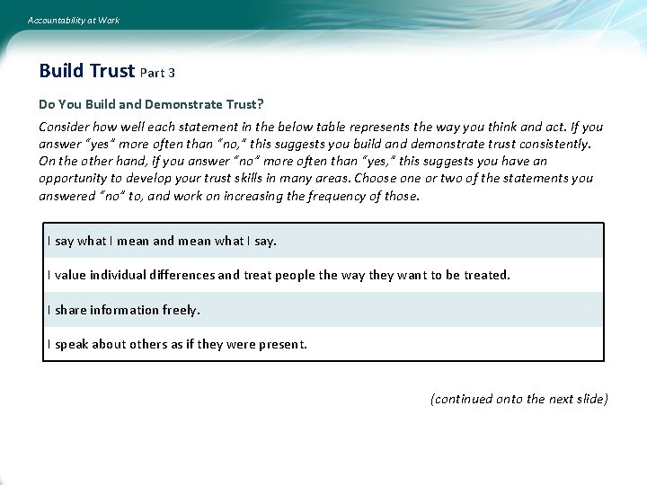 Accountability at Work Build Trust Part 3 Do You Build and Demonstrate Trust? Consider