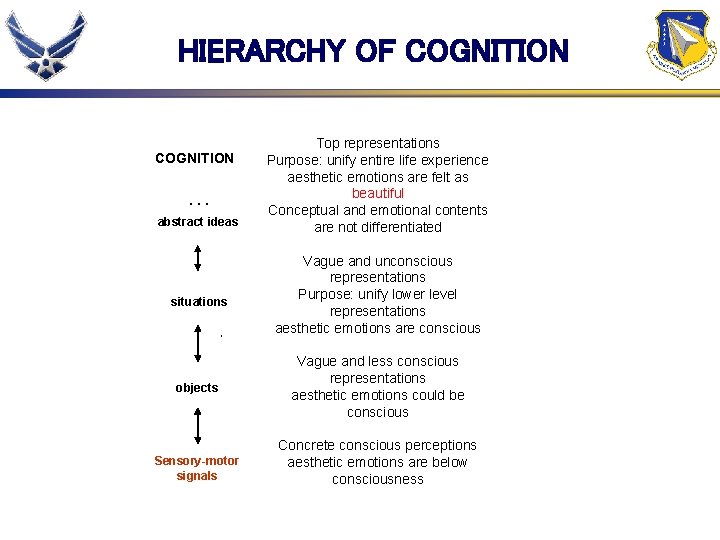 HIERARCHY OF COGNITION … abstract ideas Top representations SURROUNDING LANGUAGE Purpose: unify entire life