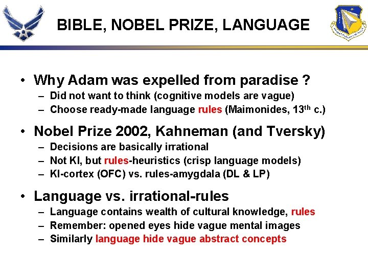 BIBLE, NOBEL PRIZE, LANGUAGE • Why Adam was expelled from paradise ? – Did