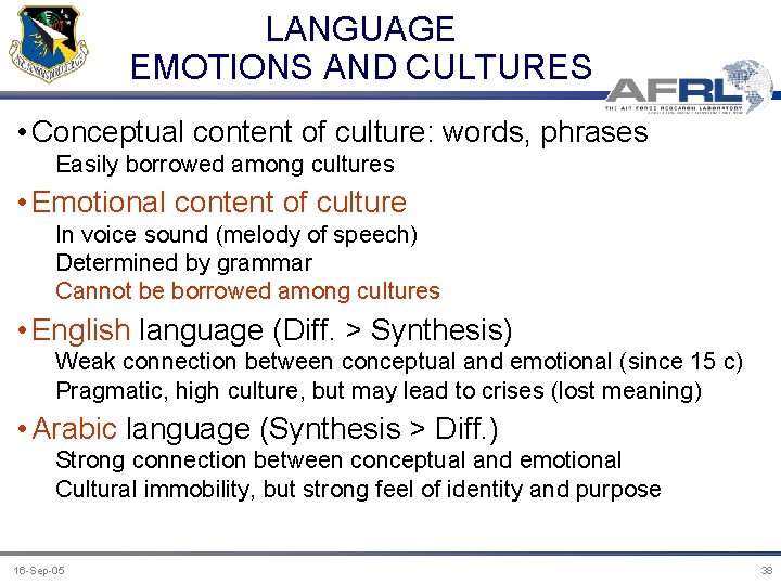 LANGUAGE EMOTIONS AND CULTURES • Conceptual content of culture: words, phrases Easily borrowed among