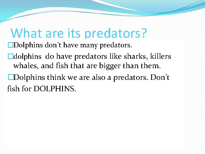 What are its predators? �Dolphins don’t have many predators. �dolphins do have predators like What are its predators? �Dolphins don’t have many predators. �dolphins do have predators like