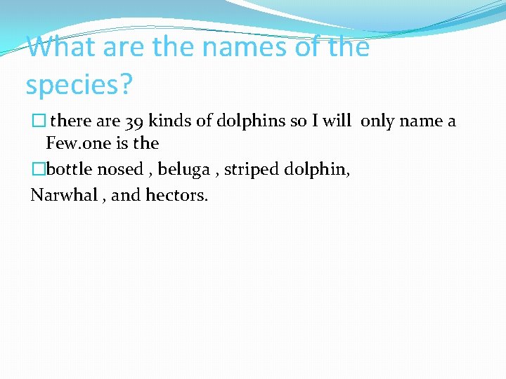 What are the names of the species? � there are 39 kinds of dolphins What are the names of the species? � there are 39 kinds of dolphins