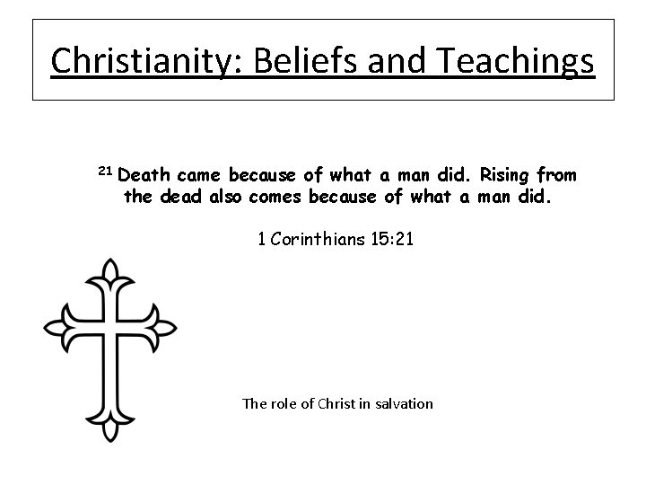 Christianity: Beliefs and Teachings 21 Death came because of what a man did. Rising